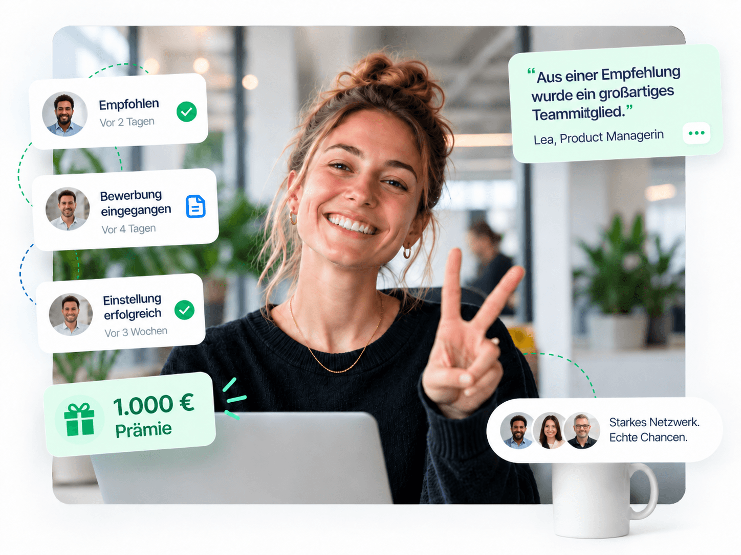 Empfehlungs-Flow bei Vermitly: empfohlen, Bewerbung eingegangen, Einstellung erfolgreich — inkl. Erfolgsprämie und starkem Netzwerk.